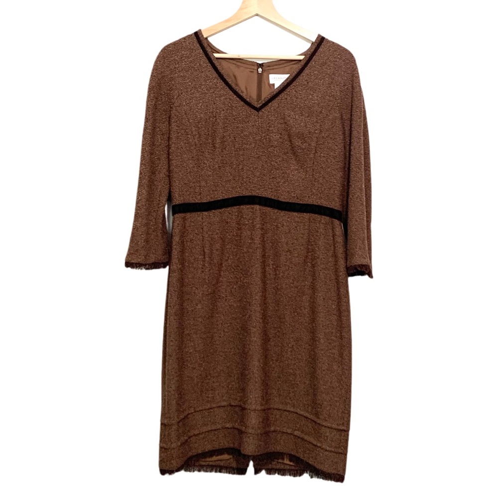 Liz Claiborne Brown Tweed Midi Dress with Brown Velvet Trim Size 12 Petite